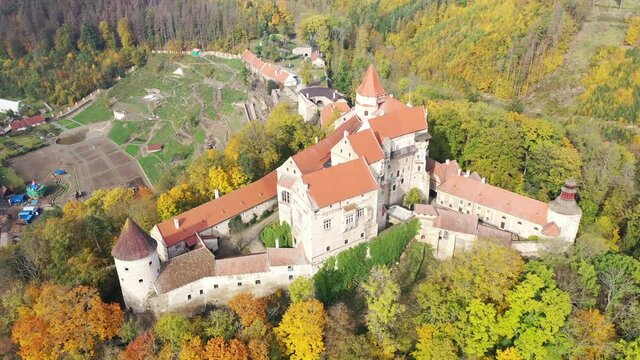Medieval castle of Pernstein on a hill in the forest. South Moravian region. Czech Republic