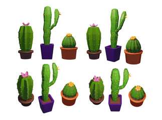 Low polygon 3D rendering cactus set