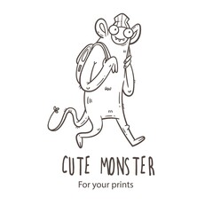 Card with  cute cartoon monster on a walk. Traveler with backpack. Vector illustration for kids. Funny doodle creature print. Line art poster.