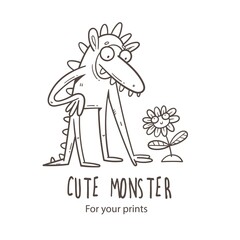 Card with  cute cartoon monster and  flowers. Vector illustration for kids. Funny doodle creature print. Line art poster.