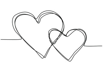 Continuous Line drawing Two Hearts. Doodle style one line art romantic collection. Vector illustration.