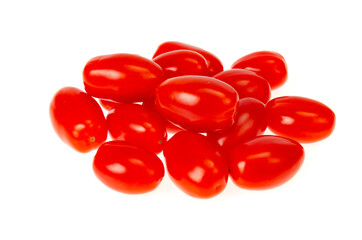 Small red oval cocktail cherry tomatoes on white background. Studio Photo