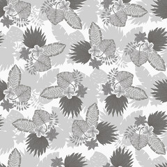 Fototapeta premium Tender monochrome gray seamless pattern with tropical leaves and flowers bouquets. Pale brown botanical texture for textile, wrapping paper, surface, wallpaper