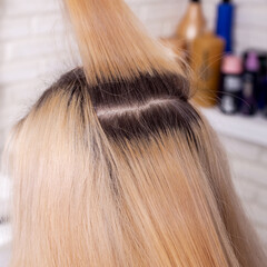 Strands of long blonde hair before color correction in hairdressing salon