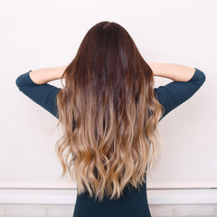 Female back with long, curly, ombre, brunette hair, in hairdressing salon