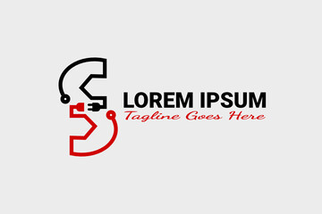 Vector outline logo element with power plugs and wrench illustration forming the initials 