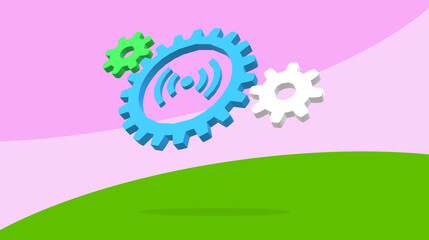 Radio signals network symbol. Wireless telecommunication. Gear wheels. 3D illustration. Creative meeting, team solution, progress, evolution or teamwork. WiFi sign. Colorful background.