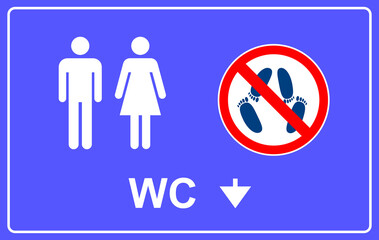 Bathroom sign, no sex. Direction arrow. Announcement illustration for men and women. Refrain from sexual relations in the toilet. Silhouette of feet and prohibition symbol. Washbasin. Advertisement.