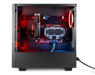 modern black desktop gaming pc with red led lights fan air cooler isolated white background....