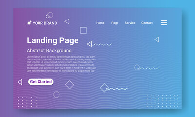 Abstract Landing Page Website Template. Blue gradient geometric background with dynamic shapes, wave and geometric ornament. Design for website and mobile website development.