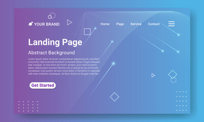Minimal Landing Page Website Template. Blue gradient geometric background with dynamic shapes, wave and shooting star element. Design for website and mobile website development.
