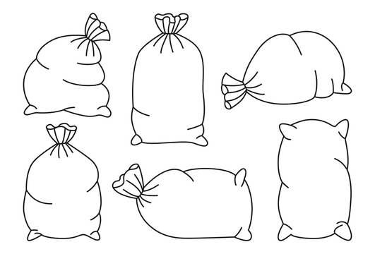 Sacks with flour or sugar black line set. Bag burlap sketch collection. Harvest agricultural icon flour production. Bakery and mill symbol. Design organic farm elements, packaging label vector