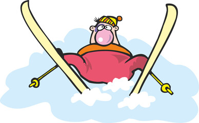 A funny skier with a bruise fell into a snowdrift. Active winter entertainment, winter sport. Flat infographics. Vector illustration in cartoon style.