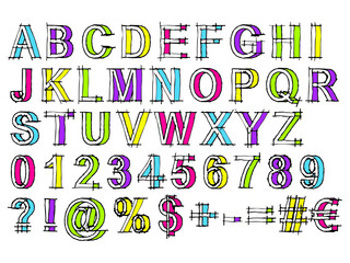 3D vector sketch colorful font set or collection isolated on white background. A childish handwritten alphabet and symbol group for education or school text graphic design as scribble style fun art