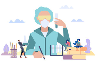 Flat vector image of chemistry and medical science study and research. Vaccine development and delivery concept. The chemisist in mask and goggles works in a lab and students learn