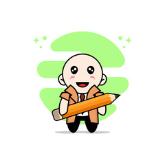 Cute detective character holding a big pencil.