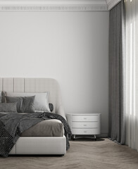 Cozy modern mock up design of bedroom interior have bed and side table with white pattern wall...