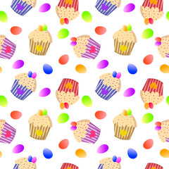 Multicolored Easter pattern with Easter cakes and eggs. Attributes for the celebration of Easter. Vector illustration isolated on white background. For decoration, wrapping paper, textiles and