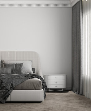Cozy modern mock up design of bedroom interior have bed and side table with white pattern wall background