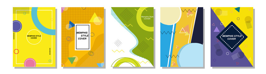 Set of Memphis Style Covers. Flat Vector Illustrations for Background, Brochures, Posters and Banners.