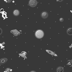 Obraz na płótnie Canvas Flat cartoon style space pattern. Astronaut with