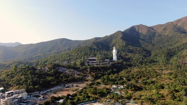 Aerial view of Hong Kong Tsz Shan monastery area and the famous Avalokitesvara Guan Yin Statue, Goddess of mercy.