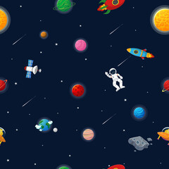 Flat cartoon style funny galaxy seamless.