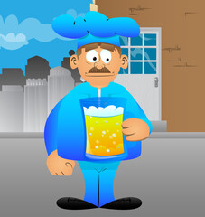 Fat male cartoon chef in uniform drinking beer. Vector illustration. Cook with a big glass of alcoholic beverages.