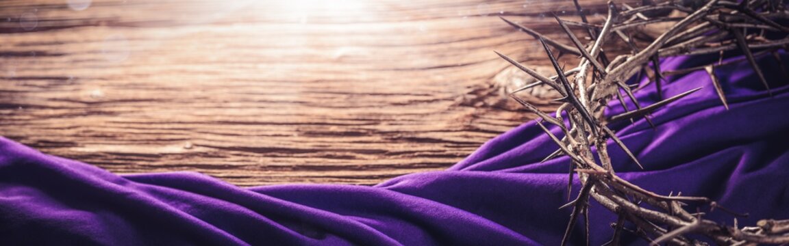 Crown Of Thorns And Purple Robe On Wooden Floor With Sunlight - Crucifixion Of Jesus Christ