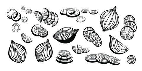Big vector set of onion collection. Onion slices, rings and cut in half onion bulb. Sketch and monochrome outline drawing.