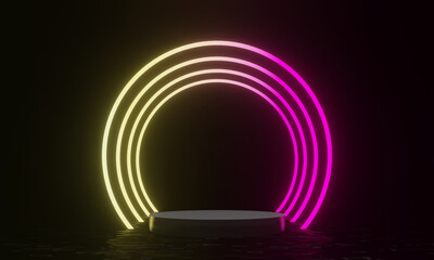 3D rendered black podium and  glowing neon light background
