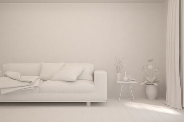 White minimalist living room with sofa. Scandinavian interior design. 3D illustration
