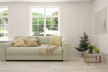 White living room with sofa and summer landscape in window. Scandinavian interior design. 3D illustration