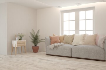 White living room with sofa. Scandinavian interior design. 3D illustration