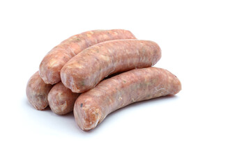 Raw pork sausages.Grilled sausages in close-up, isolated on a white background.Selective focus.
