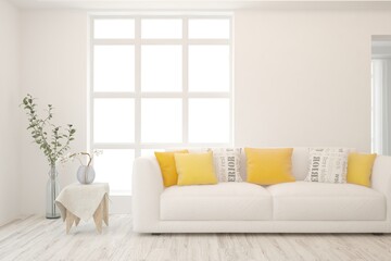 White living room with sofa. Scandinavian interior design. 3D illustration