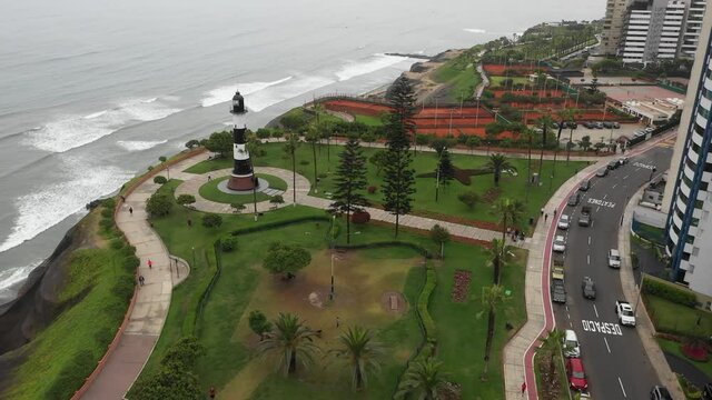 Aerial view of Miraflores lighthouse, in Lima, Peru on a cloudy day,