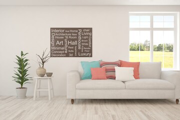 White living room with sofa and summer landscape in window. Scandinavian interior design. 3D illustration