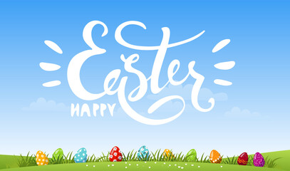 Obraz premium Colorful banner for the holiday. Happy Easter white lettering on a background of the spring sky, green meadow with decorated eggs. Cartoon vector illustration, modern design.