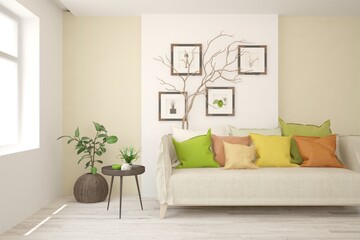 White living room with sofa. Scandinavian interior design. 3D illustration