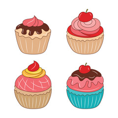 Cute Cupcake, Simple colored Line art vector illustration