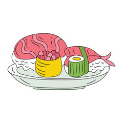 Sushi food on the plate, colored Line art vector illustration 