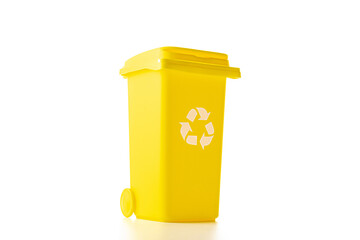 Precycling. Bin container for disposal garbage waste and save environment. Yellow dustbin for recycle plastic trash isolated on white background.