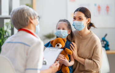Doctor, child and mother wearing facemasks