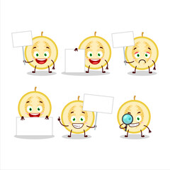Slice of yellow melon cartoon character bring information board