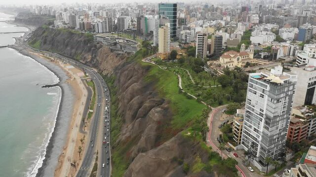 Aerial view of Domodossola park in Miraflores, lima, Peru, circa 2021.