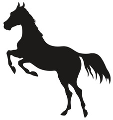 Black silhouette of a stallion standing on its hind legs. Horse reared. Vector design element for decoration of equestrian equipment.