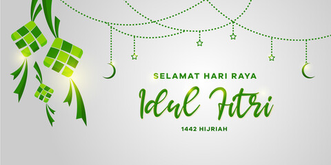 creative greeting card design with crescent moon and stars of selamat hari raya aidil fitri. Eid mubarak greeting card design.