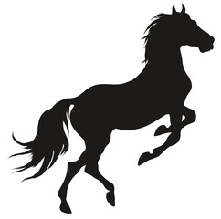 Black silhouette of a rearing horse. Prancing stallion pricked up its ears. Vector design element for equestrian goods isolated on a white background.