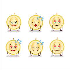 Cartoon character of slice of yellow melon with sleepy expression